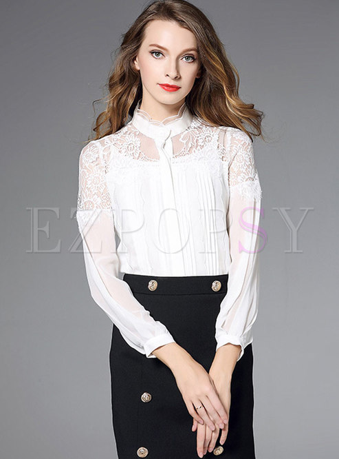 Sexy Lace Splicing Stand Collar Perspective Blouse
