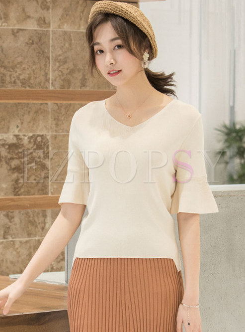 Apricot V-neck Flare Sleeve Knitted T-Shirt