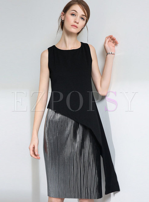 Chic Splicing Pleated O-neck Dress