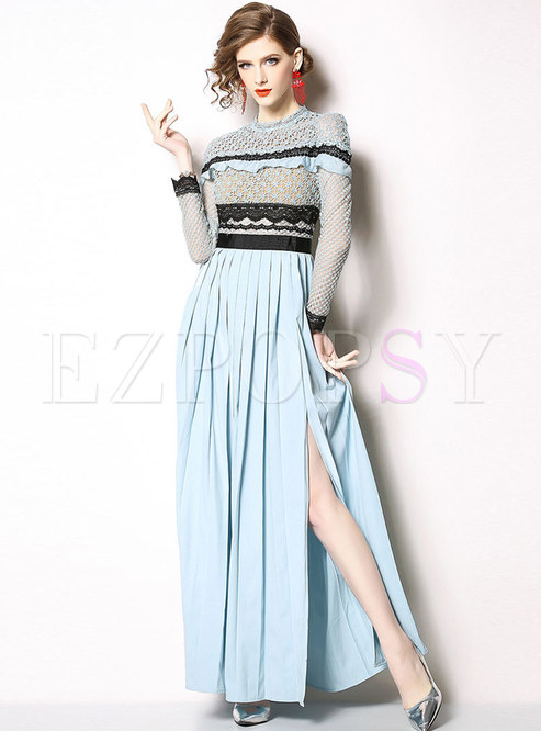 Lace Patchwork Gathered Waist Pleated Maxi Dress