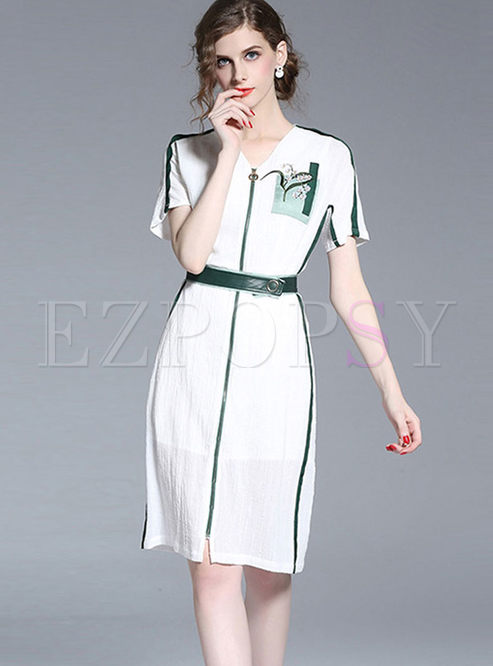 Color-blocked V-neck Zippered Bodycon Dress
