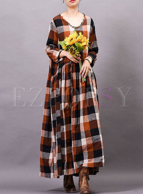 Dresses | Maxi Dresses | V-neck Plaid Loose Plus Size Maxi Dress