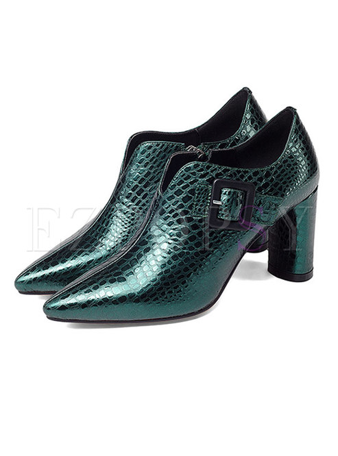 Genuine Leather Pointed Toe Chunky Heel Buckle Shoes