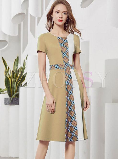 Color-blocked Plaid Splicing A Line Dress