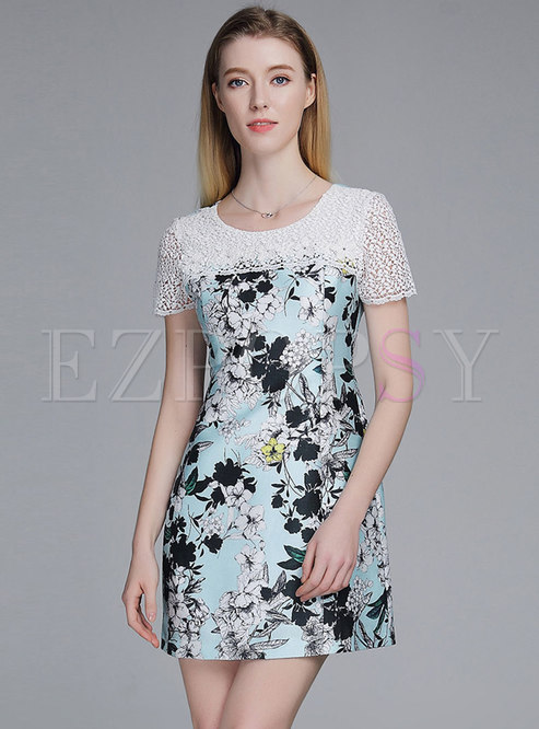 Print Splicing O-neck Slim Mini Dress