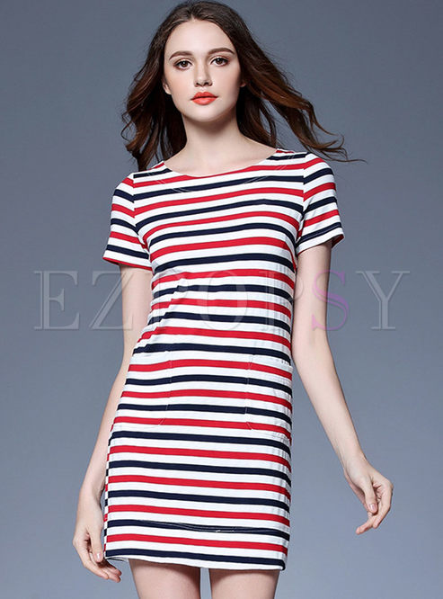 Casual O-neck Striped Slim T-shirt Dress