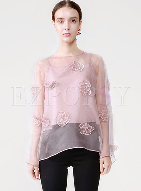Elegant Stereoscopic Flower Solid Color Shift T-shirt 