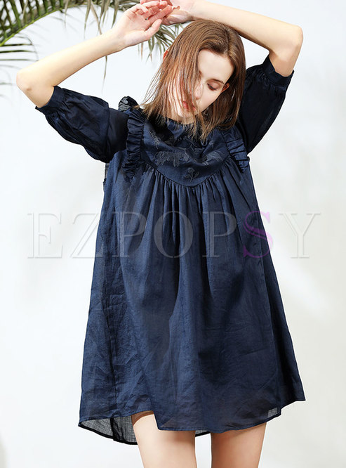 Pure Color Embroidered Half Sleeve Shift Dress