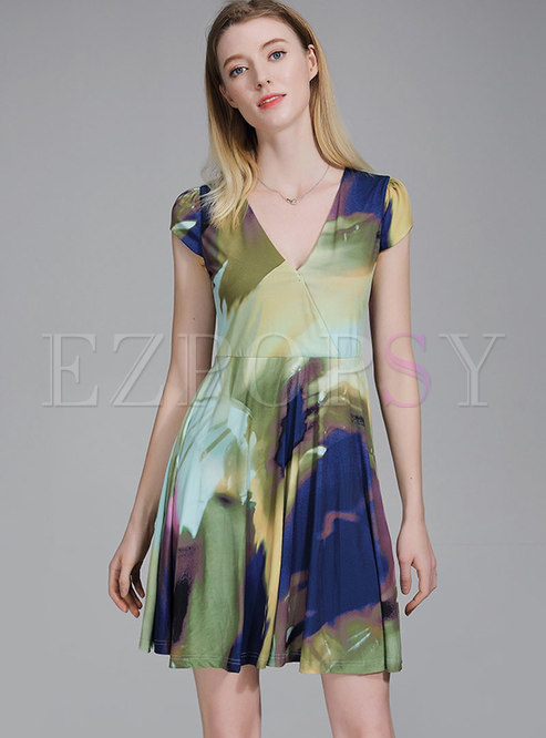Elegant Print V-neck High Waist A Line Dress