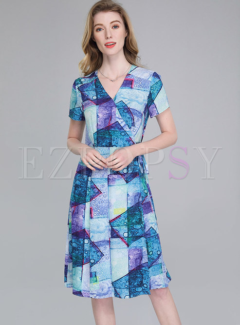 Stylish Print V-neck Tie-waist Slim Midi Dress