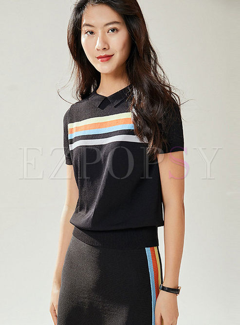 Casual O-neck Color-blocked Striped T-shirt