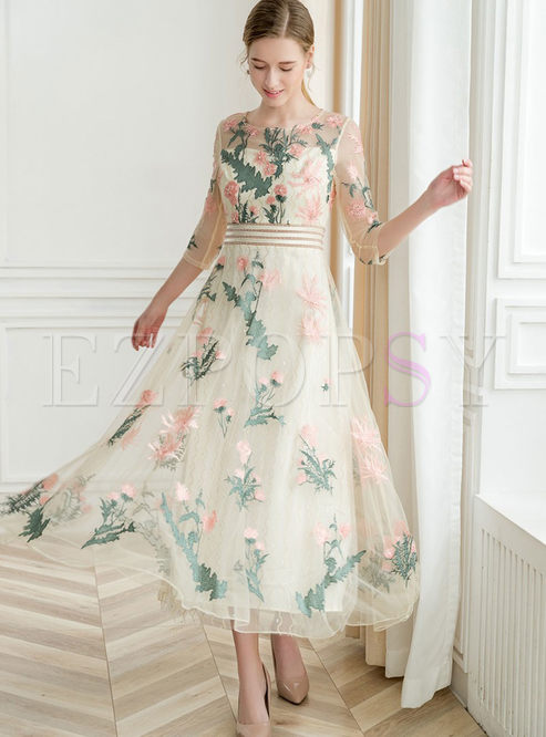 Dresses | Maxi Dresses | Half Sleeve Mesh Embroidered Maxi Dress