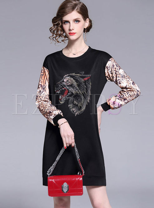 Casual O-neck Pullover Leopard Slim Dress