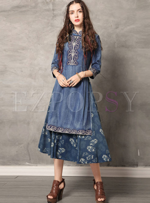 Dresses | Skater Dresses | Mandarin Collar Print Patchwork Denim Dress