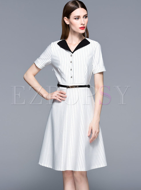 Elegant Striped Splicing High Waist A Line Dress