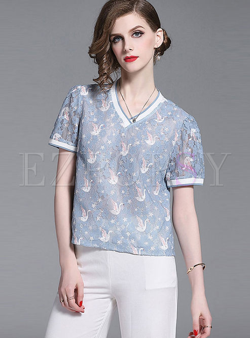V-neck Short Sleeve Hollow Out T-shirt