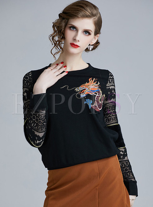 Lace Splicing Black Dragon Embroidered Hoodies 