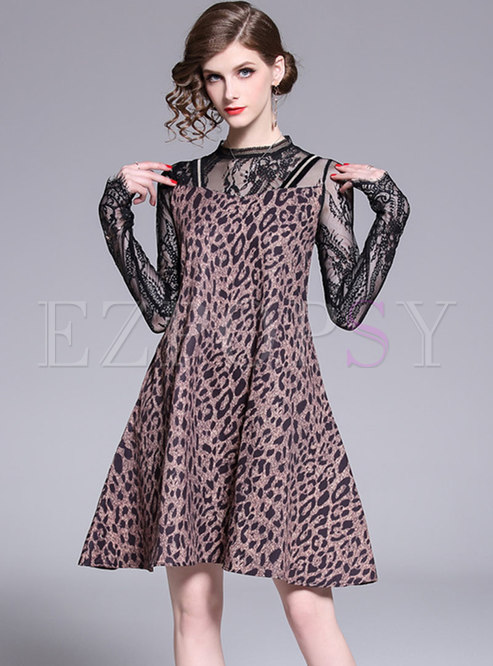 Stylish Leopard Splicing Stand Collar A-line Dress