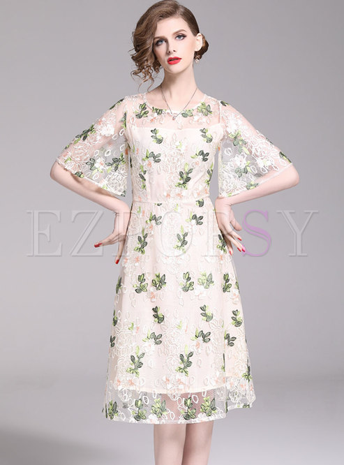 Chic Lace Embroidered Flare Sleeve A Line Dress