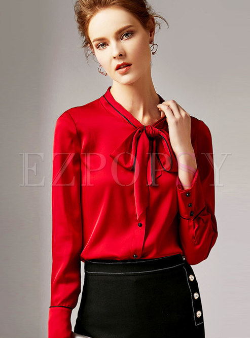 Tops | Blouses | Elegant Tie-collar Single-breasted Blouse