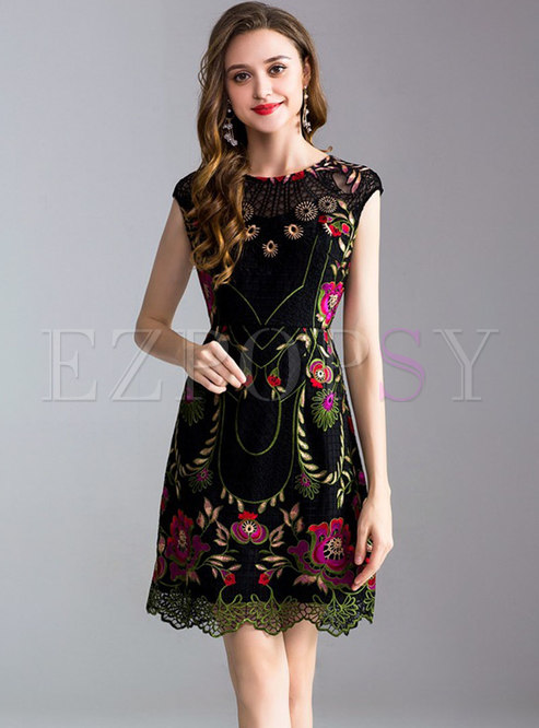 Black Embroidered Sleeveless A-line Dress
