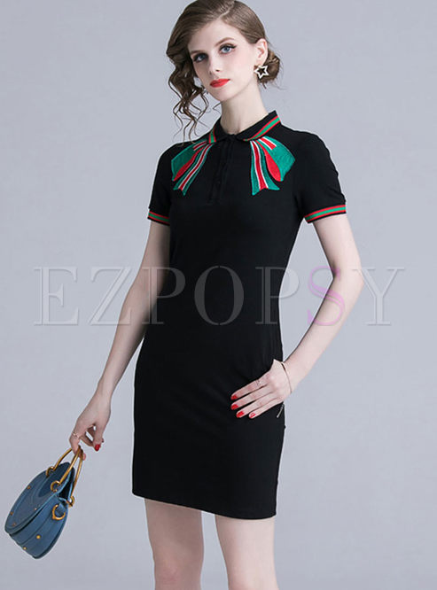 Casual Lapel Bowknot Embroidered Dress