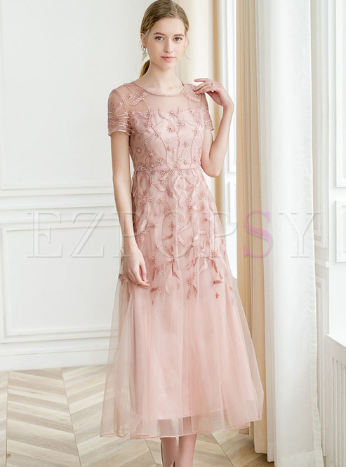 Solid Color Flower Embroidered Splicing Mesh Maxi Dress