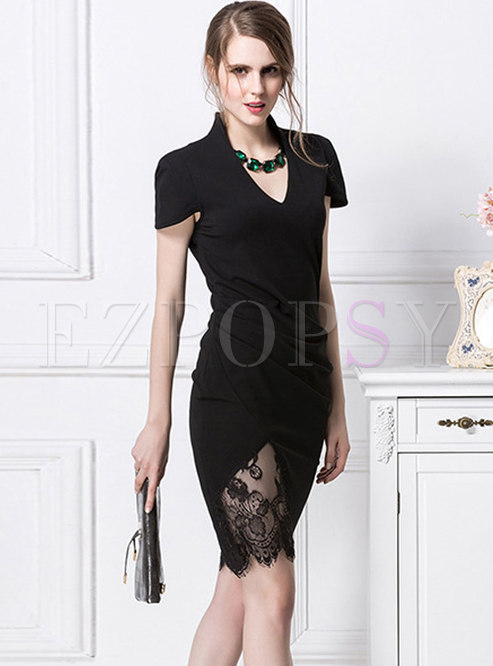 Sexy Hollow Out Lace V-neck Bodycon Dress