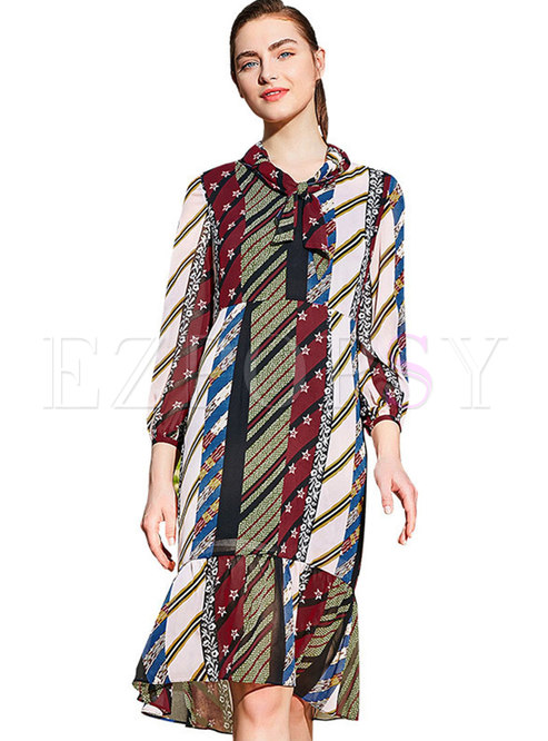 Chic Print Tie-collar High Waist Falbala Dress