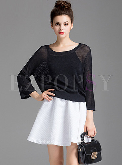 Pure Color Knitted Sweater & White A-line Skirt