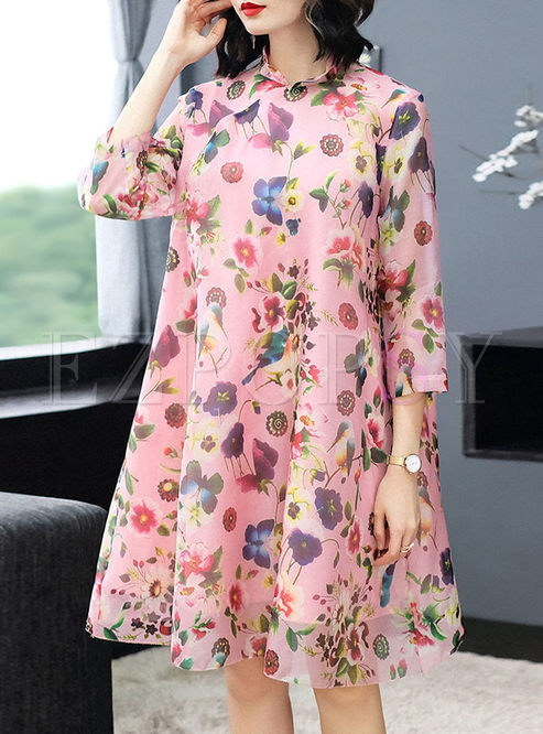 Standing Collar Print Silk Plus Size Dress