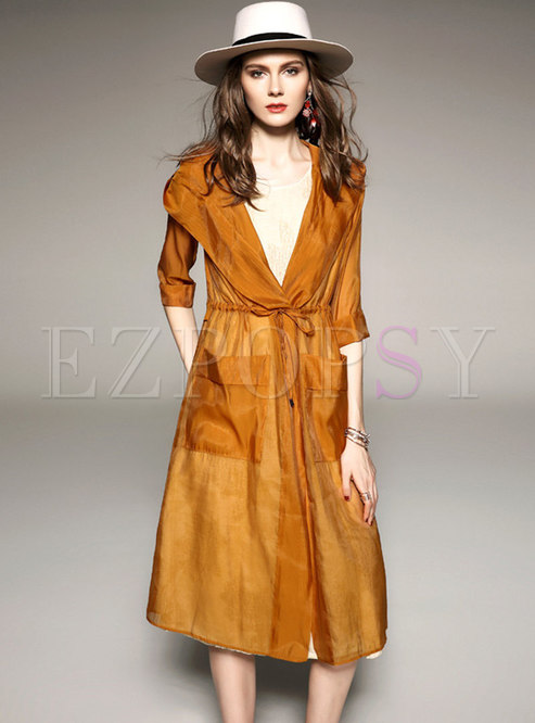 Pure Color Hooded Tied Half Sleeve Thin Coat