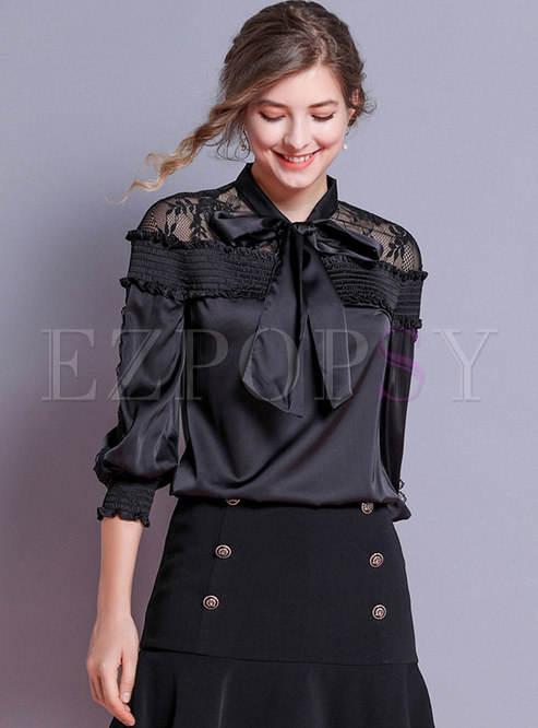 Sexy Lace Splicing Bowknot Pullover Blouse