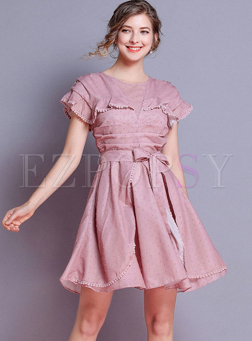 Sweet Solid Color Bowknot Waist Dress