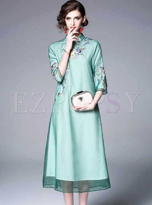 Vintage Embroidery Stand Collar A-line Dress