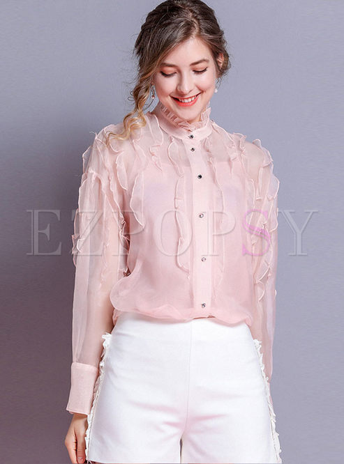Pink Standing Collar Long Sleeve Blouse