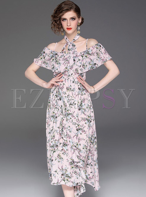 Chic Print Off Shoulder Irregular High Waist Dress