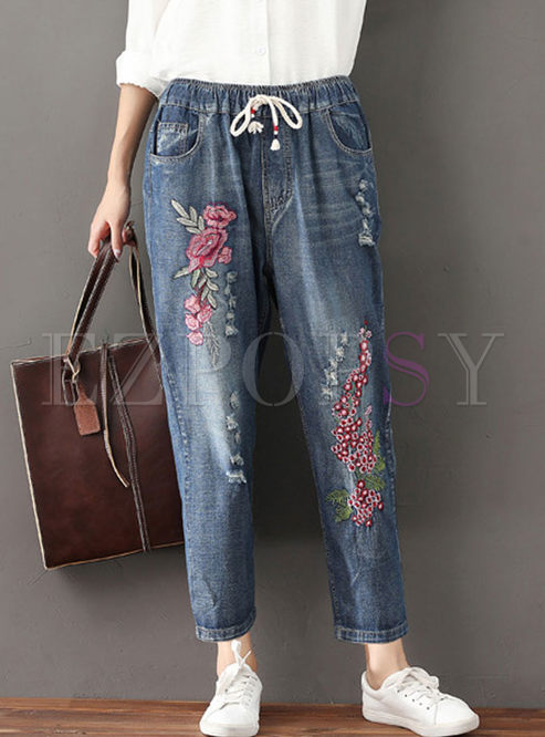 Stylish Elastic Waist Tied Embroidered Jeans