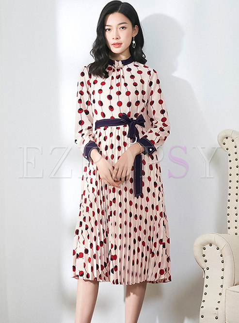 Chic Polka Dots Tied Pleated A-line Dress