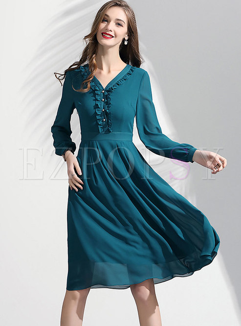 Solid Color Long Sleeve High Waist A-line Dress