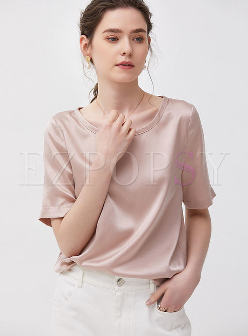 Solid Color Silk O-neck Loose T-shirt