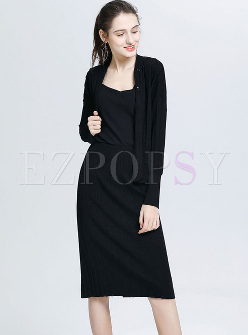 Brief Solid Color Knitted Coat & Sheath Skirt