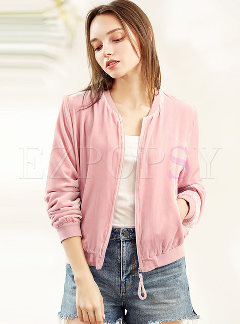 Pink Velvet O-neck Zipper Jacket