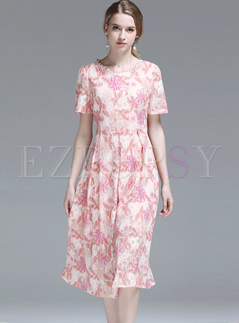 Elegant Lace Print O-neck High Waist Slim Dress