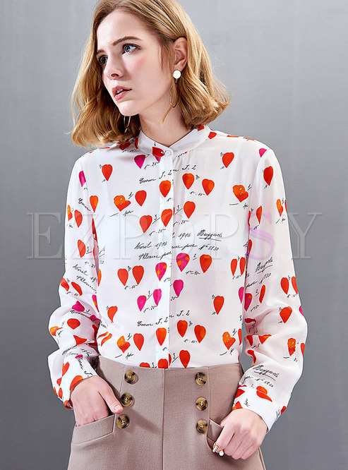 Sweet Stand Collar Letter Print Silk Blouse
