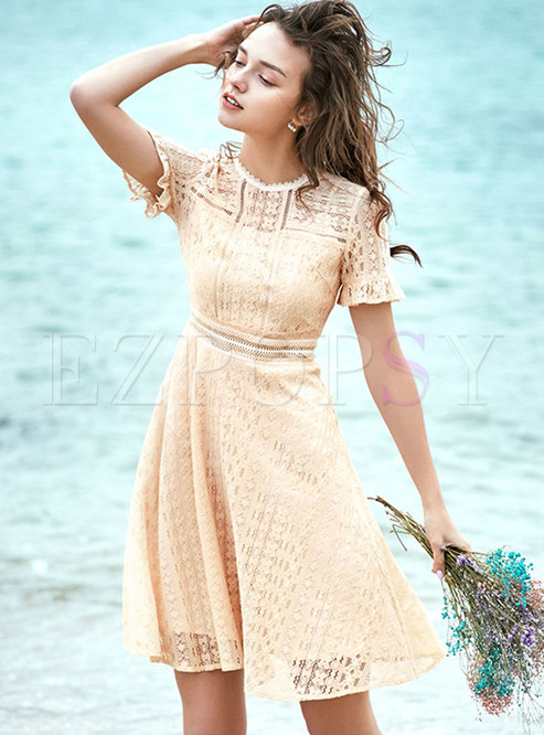 Brief Lace Flare Sleeve Hollow Out Slim Dress