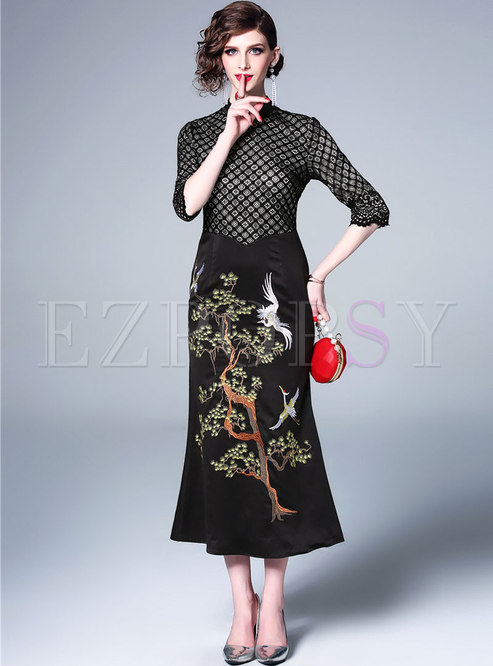 Plaid Splicing Embroidered Stand Collar Mermaid Dress