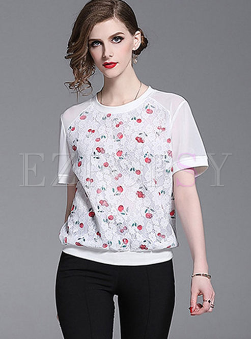 O-neck Short Sleeve Lace Print T-shirt