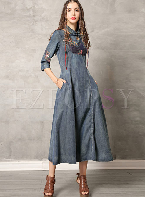 Dresses | Maxi Dresses | Retro Mandarin Collar Hollow Out Denim Dress