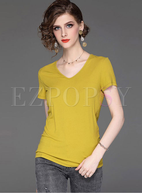 Casual Pullover Slim Pure Color T-shirt